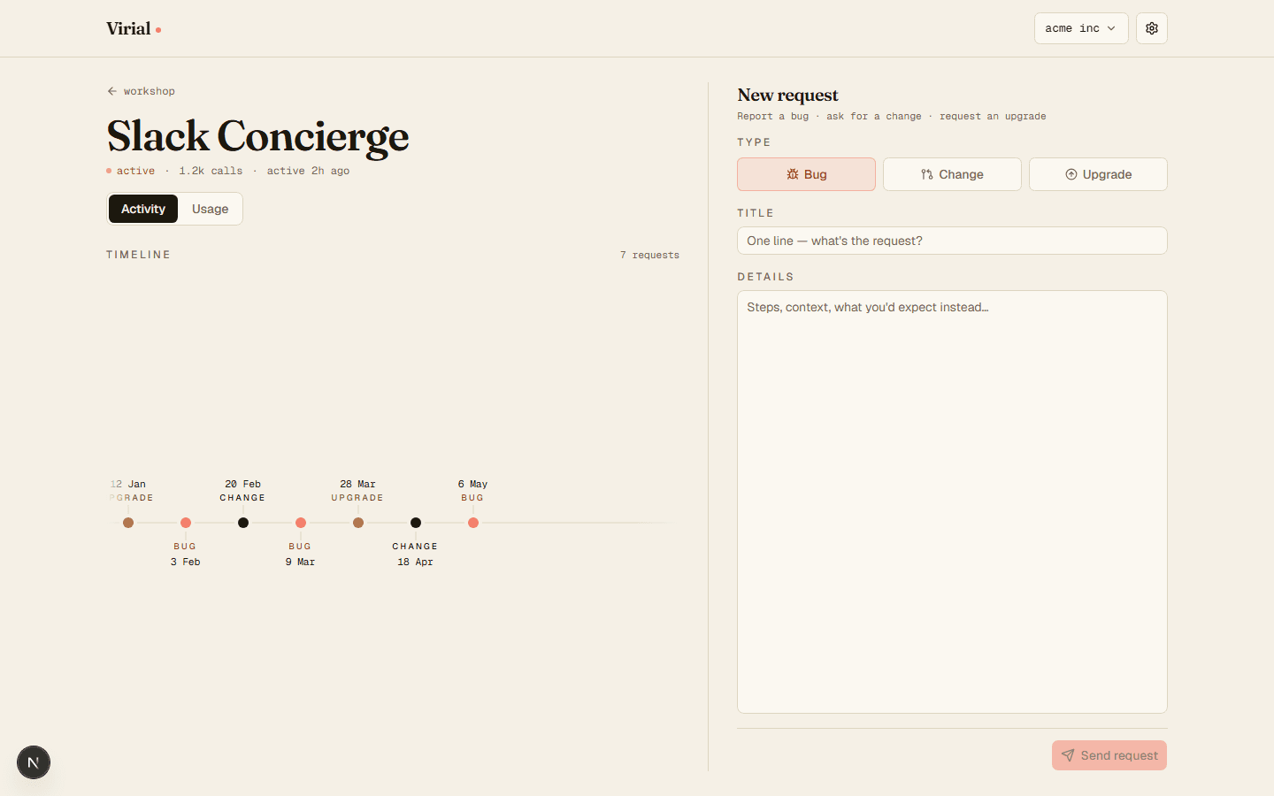 Virial workshop — the new-request compose view: a Bug / Change / Upgrade type toggle, a title field and a full-height details area with Send pinned at the bottom.