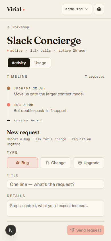 Virial workshop — the new-request compose view on a phone: a Bug, Change or Upgrade type toggle, a title field and a details area with Send at the bottom.