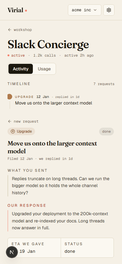 Virial workshop — the Slack Concierge plugin detail on a phone: the request thread showing what the client sent, our response and the ETA we gave, with the request timeline below.